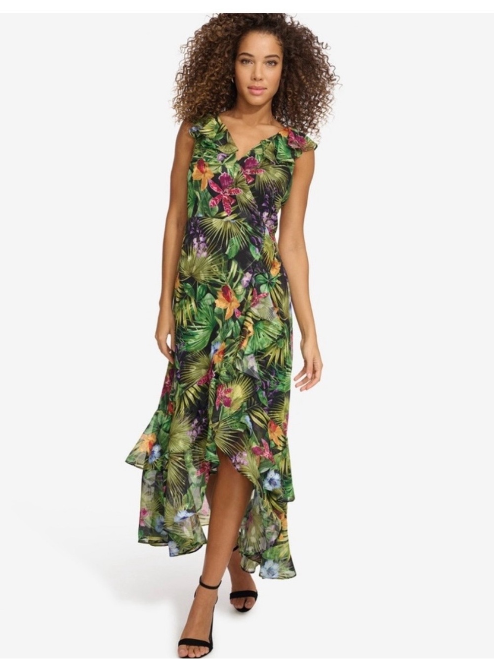 Kensie Black Multi Tropical Floral Midi Dress with V‑Neck